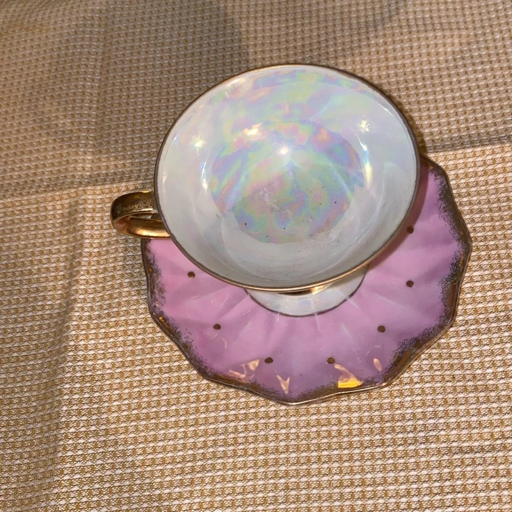 Vintage Royal Sealy China Japan Teacup Saucer Pink with Quails Gold Trim